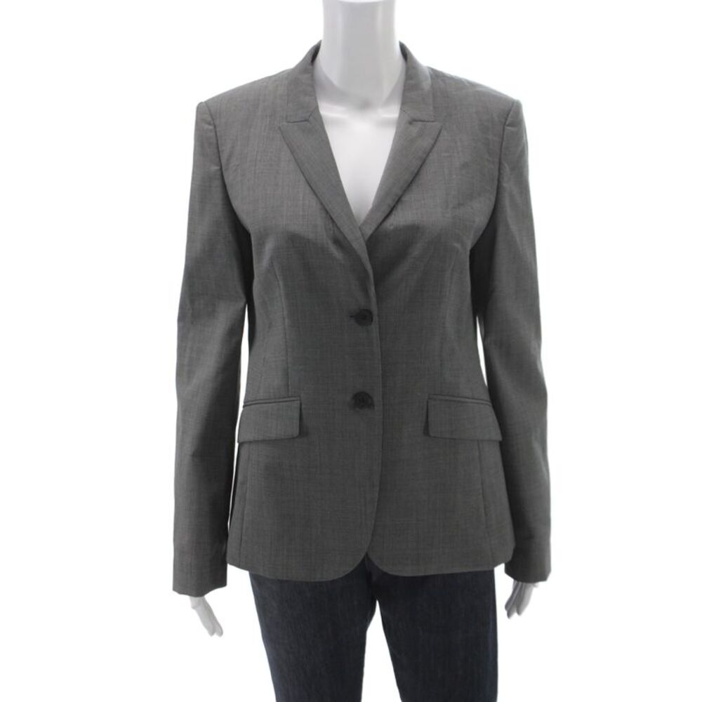 Boss Hugo Boss Women Gray Checked Virgin Wool Basic Jacket Button Size 6